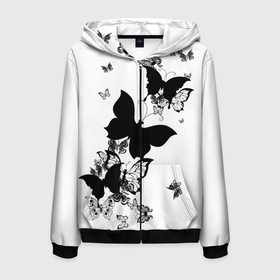 Мужская толстовка 3D на молнии с принтом Черные бабочки на белом в Новосибирске, 100% полиэстер | длина до линии бедра, манжеты и пояс оформлены мягкой тканевой резинкой, двухслойный капюшон со шнурком для регулировки, спереди молния, по бокам два кармана | angel | black and white | butterfly | fairy | fashion girl | wings | ангел | бабочка | девушке | животные | крылья | летающие | магия | махаон | мотылек | мотыльки | насекомые | нежные | подарок | природа | сказочные | татуировки