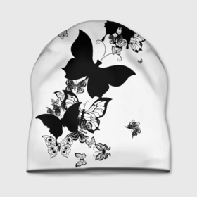 Шапка 3D с принтом Черные бабочки на белом в Петрозаводске, 100% полиэстер | универсальный размер, печать по всей поверхности изделия | Тематика изображения на принте: angel | black and white | butterfly | fairy | fashion girl | wings | ангел | бабочка | девушке | животные | крылья | летающие | магия | махаон | мотылек | мотыльки | насекомые | нежные | подарок | природа | сказочные | татуировки