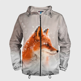 Мужская ветровка 3D с принтом Лиса и снег в Курске, 100% полиэстер | подол и капюшон оформлены резинкой с фиксаторами, два кармана без застежек по бокам, один потайной карман на груди | Тематика изображения на принте: fox | foxy | животные | звери | зима | зимняя | лиса | лисичка | лисы | природа | снег | снежная