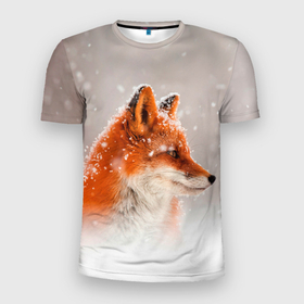 Мужская футболка 3D Slim с принтом Лиса и снег в Кировске, 100% полиэстер с улучшенными характеристиками | приталенный силуэт, круглая горловина, широкие плечи, сужается к линии бедра | fox | foxy | животные | звери | зима | зимняя | лиса | лисичка | лисы | природа | снег | снежная