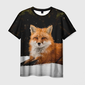 Мужская футболка 3D с принтом Лиса и снег в Белгороде, 100% полиэфир | прямой крой, круглый вырез горловины, длина до линии бедер | fox | foxy | животные | звери | зима | зимняя | лиса | лисичка | лисы | природа | снег | снежная