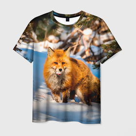 Мужская футболка 3D с принтом Лиса в лесу в Новосибирске, 100% полиэфир | прямой крой, круглый вырез горловины, длина до линии бедер | Тематика изображения на принте: fox | foxy | животные | звери | зима | зимняя | лиса | лисичка | лисы | природа | снег | снежная