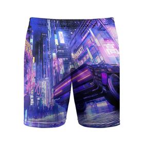 Мужские шорты спортивные с принтом Cyberpunk city ,  |  | art | city | cyber | cyberpunk | japan | lights | lines | neon | punk | арт | город | кибер | киберпанк | япония