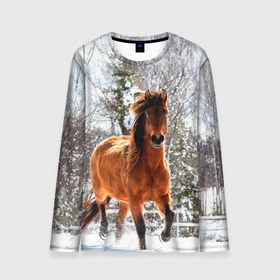 Мужской лонгслив 3D с принтом Конь и снег в Белгороде, 100% полиэстер | длинные рукава, круглый вырез горловины, полуприлегающий силуэт | животные | звери | зима | кони | конь | коняшка | лошади | лошадка | лошадь | пони | природа | снег