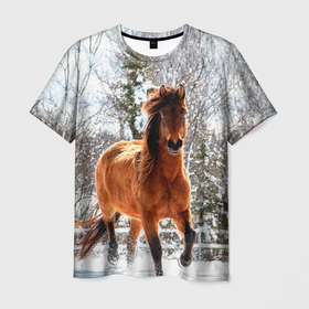 Мужская футболка 3D с принтом Конь и снег в Петрозаводске, 100% полиэфир | прямой крой, круглый вырез горловины, длина до линии бедер | животные | звери | зима | кони | конь | коняшка | лошади | лошадка | лошадь | пони | природа | снег