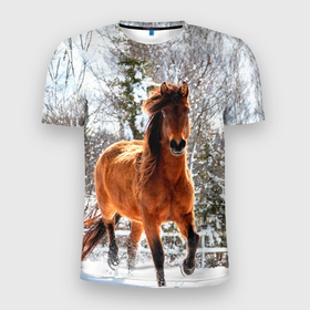 Мужская футболка 3D Slim с принтом Конь и снег в Екатеринбурге, 100% полиэстер с улучшенными характеристиками | приталенный силуэт, круглая горловина, широкие плечи, сужается к линии бедра | животные | звери | зима | кони | конь | коняшка | лошади | лошадка | лошадь | пони | природа | снег