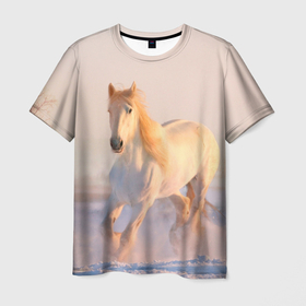 Мужская футболка 3D с принтом Белая лошадь в Петрозаводске, 100% полиэфир | прямой крой, круглый вырез горловины, длина до линии бедер | животные | звери | зима | кони | конь | коняшка | лошади | лошадка | лошадь | пони | природа | снег