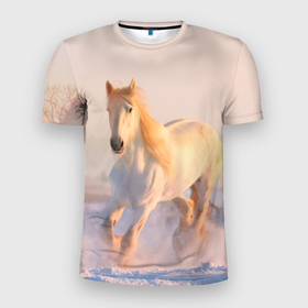 Мужская футболка 3D спортивная с принтом Белая лошадь в Белгороде, 100% полиэстер с улучшенными характеристиками | приталенный силуэт, круглая горловина, широкие плечи, сужается к линии бедра | животные | звери | зима | кони | конь | коняшка | лошади | лошадка | лошадь | пони | природа | снег