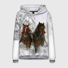 Мужская толстовка 3D с принтом Лошади и снег в Тюмени, 100% полиэстер | двухслойный капюшон со шнурком для регулировки, мягкие манжеты на рукавах и по низу толстовки, спереди карман-кенгуру с мягким внутренним слоем. | Тематика изображения на принте: животные | звери | зима | кони | конь | коняшка | лошади | лошадка | лошадь | пони | природа | снег