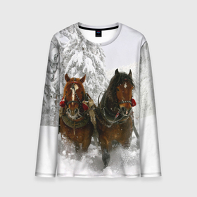 Мужской лонгслив 3D с принтом Лошади и снег в Белгороде, 100% полиэстер | длинные рукава, круглый вырез горловины, полуприлегающий силуэт | животные | звери | зима | кони | конь | коняшка | лошади | лошадка | лошадь | пони | природа | снег