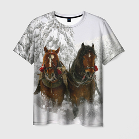 Мужская футболка 3D с принтом Лошади и снег в Петрозаводске, 100% полиэфир | прямой крой, круглый вырез горловины, длина до линии бедер | животные | звери | зима | кони | конь | коняшка | лошади | лошадка | лошадь | пони | природа | снег