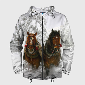 Мужская ветровка 3D с принтом Лошади и снег в Петрозаводске, 100% полиэстер | подол и капюшон оформлены резинкой с фиксаторами, два кармана без застежек по бокам, один потайной карман на груди | животные | звери | зима | кони | конь | коняшка | лошади | лошадка | лошадь | пони | природа | снег