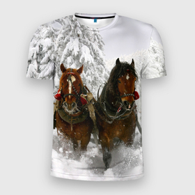 Мужская футболка 3D спортивная с принтом Лошади и снег в Екатеринбурге, 100% полиэстер с улучшенными характеристиками | приталенный силуэт, круглая горловина, широкие плечи, сужается к линии бедра | животные | звери | зима | кони | конь | коняшка | лошади | лошадка | лошадь | пони | природа | снег