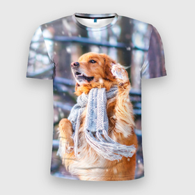 Мужская футболка 3D Slim с принтом Золотистый Ретривер в Новосибирске, 100% полиэстер с улучшенными характеристиками | приталенный силуэт, круглая горловина, широкие плечи, сужается к линии бедра | dog | животные | золотистый | золотой | пес | природа | ретривер | собака | собаки | собакчка | собачки