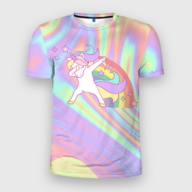 Мужская футболка 3D Slim с принтом ЕДИНОРОГ в Курске, 100% полиэстер с улучшенными характеристиками | приталенный силуэт, круглая горловина, широкие плечи, сужается к линии бедра | dab | meme | unicorn | даб | единороги | животные | звери | мемы | радуга