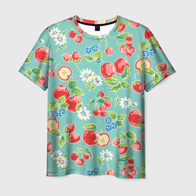 Мужская футболка 3D с принтом Яркое лето , 100% полиэфир | прямой крой, круглый вырез горловины, длина до линии бедер | арт | бирюзовый | зелёный | клубника | рисунок | ромашка | ромашки | цвета | цветы | черника | яблоки | яблоко