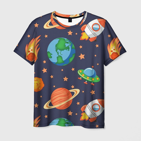 Мужская футболка 3D с принтом Космическое путешествие в Кировске, 100% полиэфир | прямой крой, круглый вырез горловины, длина до линии бедер | Тематика изображения на принте: арт | астероид | астероиды | звезда | звёзды | земля | космос | планета | планеты | ракета | ракеты | рисунок | сатурн | фобас