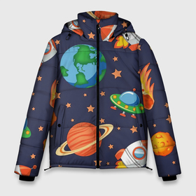 Мужская зимняя куртка 3D с принтом Космическое путешествие в Курске, верх — 100% полиэстер; подкладка — 100% полиэстер; утеплитель — 100% полиэстер | длина ниже бедра, свободный силуэт Оверсайз. Есть воротник-стойка, отстегивающийся капюшон и ветрозащитная планка. 

Боковые карманы с листочкой на кнопках и внутренний карман на молнии. | Тематика изображения на принте: арт | астероид | астероиды | звезда | звёзды | земля | космос | планета | планеты | ракета | ракеты | рисунок | сатурн | фобас
