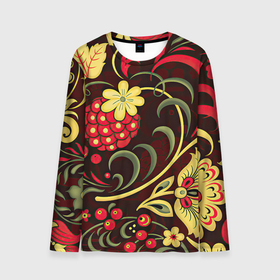 Мужской лонгслив 3D с принтом Хохлома в Белгороде, 100% полиэстер | длинные рукава, круглый вырез горловины, полуприлегающий силуэт | арт | вектор | желтый | зеленый | золотой | красный | малина | народный рисунок | рисунок | хохлома | цветок | цветы | чёрный | ягода | ягоды