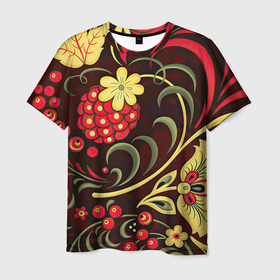 Мужская футболка 3D с принтом Хохлома в Екатеринбурге, 100% полиэфир | прямой крой, круглый вырез горловины, длина до линии бедер | арт | вектор | желтый | зеленый | золотой | красный | малина | народный рисунок | рисунок | хохлома | цветок | цветы | чёрный | ягода | ягоды