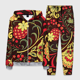 Мужской костюм 3D с принтом Хохлома в Новосибирске, 100% полиэстер | Манжеты и пояс оформлены тканевой резинкой, двухслойный капюшон со шнурком для регулировки, карманы спереди | арт | вектор | желтый | зеленый | золотой | красный | малина | народный рисунок | рисунок | хохлома | цветок | цветы | чёрный | ягода | ягоды