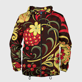 Мужская ветровка 3D с принтом Хохлома в Екатеринбурге, 100% полиэстер | подол и капюшон оформлены резинкой с фиксаторами, два кармана без застежек по бокам, один потайной карман на груди | арт | вектор | желтый | зеленый | золотой | красный | малина | народный рисунок | рисунок | хохлома | цветок | цветы | чёрный | ягода | ягоды
