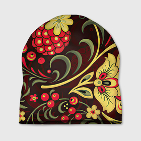 Шапка 3D с принтом Хохлома в Екатеринбурге, 100% полиэстер | универсальный размер, печать по всей поверхности изделия | арт | вектор | желтый | зеленый | золотой | красный | малина | народный рисунок | рисунок | хохлома | цветок | цветы | чёрный | ягода | ягоды