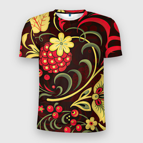 Мужская футболка 3D спортивная с принтом Хохлома в Тюмени, 100% полиэстер с улучшенными характеристиками | приталенный силуэт, круглая горловина, широкие плечи, сужается к линии бедра | арт | вектор | желтый | зеленый | золотой | красный | малина | народный рисунок | рисунок | хохлома | цветок | цветы | чёрный | ягода | ягоды