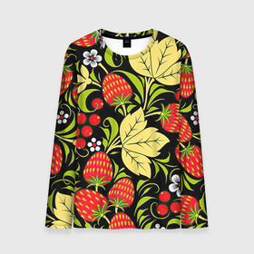 Мужской лонгслив 3D с принтом Хохлома в Курске, 100% полиэстер | длинные рукава, круглый вырез горловины, полуприлегающий силуэт | арт | белый | вектор | желтый | зеленый | земляника | золотой | клубника | клюква | красный | народный рисунок | рисунок | хохлома | цветок | цветы | чёрный | ягода | ягоды