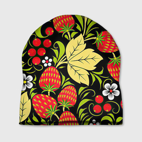 Шапка 3D с принтом Хохлома в Екатеринбурге, 100% полиэстер | универсальный размер, печать по всей поверхности изделия | арт | белый | вектор | желтый | зеленый | земляника | золотой | клубника | клюква | красный | народный рисунок | рисунок | хохлома | цветок | цветы | чёрный | ягода | ягоды