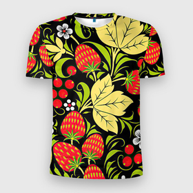 Мужская футболка 3D спортивная с принтом Хохлома в Белгороде, 100% полиэстер с улучшенными характеристиками | приталенный силуэт, круглая горловина, широкие плечи, сужается к линии бедра | арт | белый | вектор | желтый | зеленый | земляника | золотой | клубника | клюква | красный | народный рисунок | рисунок | хохлома | цветок | цветы | чёрный | ягода | ягоды