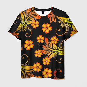 Мужская футболка 3D с принтом Хохлома в Петрозаводске, 100% полиэфир | прямой крой, круглый вырез горловины, длина до линии бедер | арт | вектор | желтый | золотой | красный | народный рисунок | рисунок | хохлома | цветок | цветы | чёрный