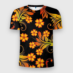 Мужская футболка 3D спортивная с принтом Хохлома в Тюмени, 100% полиэстер с улучшенными характеристиками | приталенный силуэт, круглая горловина, широкие плечи, сужается к линии бедра | арт | вектор | желтый | золотой | красный | народный рисунок | рисунок | хохлома | цветок | цветы | чёрный