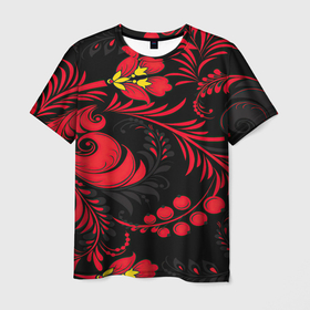 Мужская футболка 3D с принтом Хохлома в Тюмени, 100% полиэфир | прямой крой, круглый вырез горловины, длина до линии бедер | арт | вектор | желтый | золотой | клюква | красный | народный рисунок | рисунок | хохлома | цветок | цветы | чёрный | ягода | ягоды