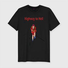 Мужская футболка хлопок Slim с принтом Highway to Hell AC DC в Новосибирске, 92% хлопок, 8% лайкра | приталенный силуэт, круглый вырез ворота, длина до линии бедра, короткий рукав | Тематика изображения на принте: ac dc | angus young | highway to hell | ас дс | ас дс.