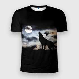 Мужская футболка 3D Slim с принтом Волк в Петрозаводске, 100% полиэстер с улучшенными характеристиками | приталенный силуэт, круглая горловина, широкие плечи, сужается к линии бедра | wolf | волк | волк воет на луну | готика