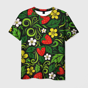 Мужская футболка 3D с принтом Хохлома в Петрозаводске, 100% полиэфир | прямой крой, круглый вырез горловины, длина до линии бедер | арт | вектор | желтый | зеленый | золотой | клубника | красный | народный рисунок | рисунок | хохлома | цветок | цветы | чёрный | ягода | ягоды