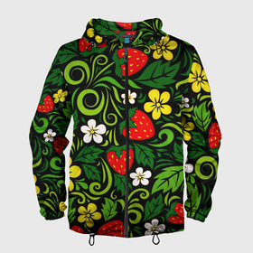 Мужская ветровка 3D с принтом Хохлома в Екатеринбурге, 100% полиэстер | подол и капюшон оформлены резинкой с фиксаторами, два кармана без застежек по бокам, один потайной карман на груди | арт | вектор | желтый | зеленый | золотой | клубника | красный | народный рисунок | рисунок | хохлома | цветок | цветы | чёрный | ягода | ягоды