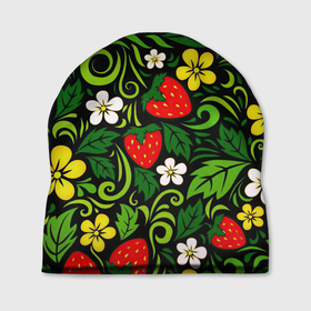Шапка 3D с принтом Хохлома в Екатеринбурге, 100% полиэстер | универсальный размер, печать по всей поверхности изделия | арт | вектор | желтый | зеленый | золотой | клубника | красный | народный рисунок | рисунок | хохлома | цветок | цветы | чёрный | ягода | ягоды