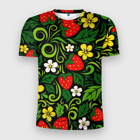 Мужская футболка 3D спортивная с принтом Хохлома в Курске, 100% полиэстер с улучшенными характеристиками | приталенный силуэт, круглая горловина, широкие плечи, сужается к линии бедра | арт | вектор | желтый | зеленый | золотой | клубника | красный | народный рисунок | рисунок | хохлома | цветок | цветы | чёрный | ягода | ягоды