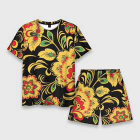 Мужской костюм с шортами 3D с принтом Хохлома в Кировске,  |  | арт | вектор | желтый | зеленый | золотой | красный | народный рисунок | рисунок | хохлома | цветок | цветы | чёрный