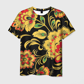 Мужская футболка 3D с принтом Хохлома в Тюмени, 100% полиэфир | прямой крой, круглый вырез горловины, длина до линии бедер | арт | вектор | желтый | зеленый | золотой | красный | народный рисунок | рисунок | хохлома | цветок | цветы | чёрный
