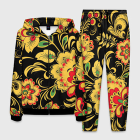 Мужской костюм 3D с принтом Хохлома в Белгороде, 100% полиэстер | Манжеты и пояс оформлены тканевой резинкой, двухслойный капюшон со шнурком для регулировки, карманы спереди | арт | вектор | желтый | зеленый | золотой | красный | народный рисунок | рисунок | хохлома | цветок | цветы | чёрный