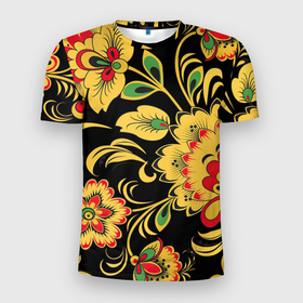 Мужская футболка 3D спортивная с принтом Хохлома в Тюмени, 100% полиэстер с улучшенными характеристиками | приталенный силуэт, круглая горловина, широкие плечи, сужается к линии бедра | арт | вектор | желтый | зеленый | золотой | красный | народный рисунок | рисунок | хохлома | цветок | цветы | чёрный