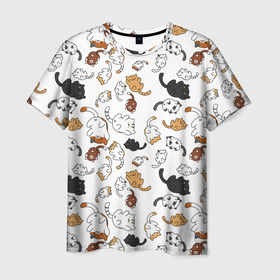Мужская футболка 3D с принтом Котята паттерн , 100% полиэфир | прямой крой, круглый вырез горловины, длина до линии бедер | белый кот | кот | котики паттерн | коты паттерн | котята | котята паттерн | много котиков | много котов | паттерн | рыжий кот | черный кот