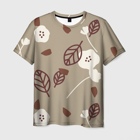 Мужская футболка 3D с принтом Цветочный принт , 100% полиэфир | прямой крой, круглый вырез горловины, длина до линии бедер | бежевый | белый | коричневый | лист | природа | тепло | уют | цветы