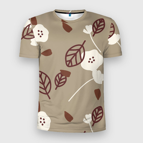 Мужская футболка 3D спортивная с принтом Цветочный принт в Белгороде, 100% полиэстер с улучшенными характеристиками | приталенный силуэт, круглая горловина, широкие плечи, сужается к линии бедра | бежевый | белый | коричневый | лист | природа | тепло | уют | цветы