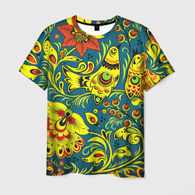 Мужская футболка 3D с принтом Хохлома в Тюмени, 100% полиэфир | прямой крой, круглый вырез горловины, длина до линии бедер | арт | вектор | желтый | зеленый | золотой | красный | народный рисунок | рисунок | синий | хохлома | цветок | цветы | чёрный | ягода | ягоды