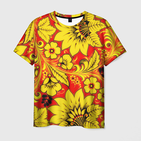 Мужская футболка 3D с принтом Хохлома в Курске, 100% полиэфир | прямой крой, круглый вырез горловины, длина до линии бедер | арт | вектор | желтый | зеленый | золотой | красный | народный рисунок | рисунок | хохлома | цветок | цветы | чёрный | ягода | ягоды