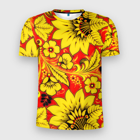 Мужская футболка 3D спортивная с принтом Хохлома в Тюмени, 100% полиэстер с улучшенными характеристиками | приталенный силуэт, круглая горловина, широкие плечи, сужается к линии бедра | арт | вектор | желтый | зеленый | золотой | красный | народный рисунок | рисунок | хохлома | цветок | цветы | чёрный | ягода | ягоды